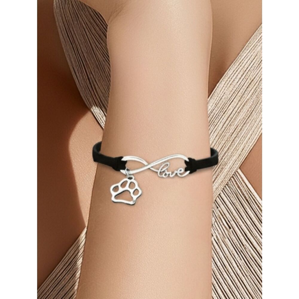 Dog Mom Paw Print Bracelet Black Leather Pet Lover Infinity Cat Lady Charm Love